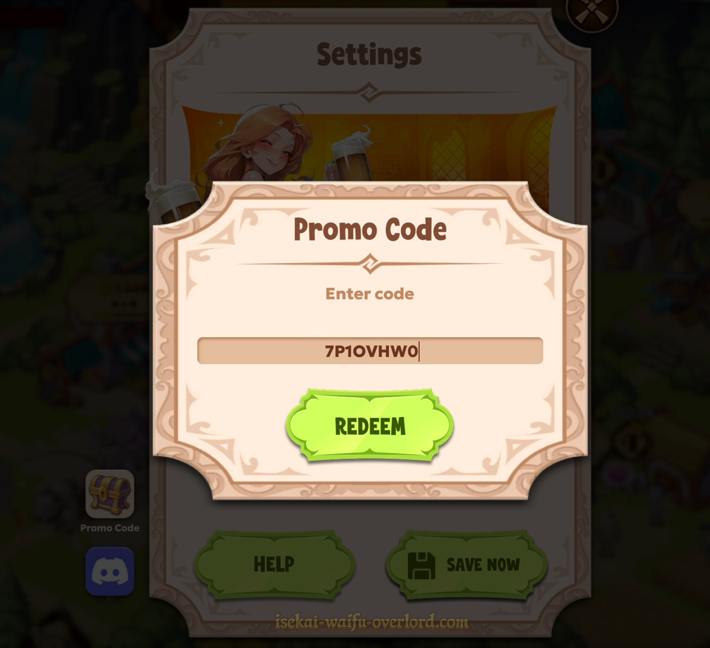 Isekai Waifu Overlord Settings screen with the promo code field